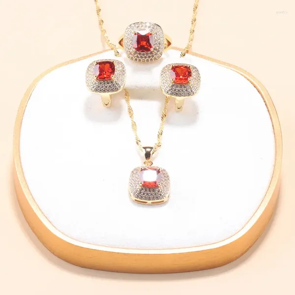Halskette-Ohrringe-Set, 12 Farben, einzigartiger quadratischer Hochzeits-Granat für Frauen, Zirkon und Clip, Brautkostüm, verstellbarer Ring