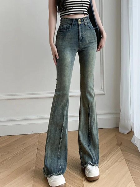 Calças de brim femininas vintage estiramento denim cintura alta magro ajuste flare calças 2023 outono roupas de moda coreana