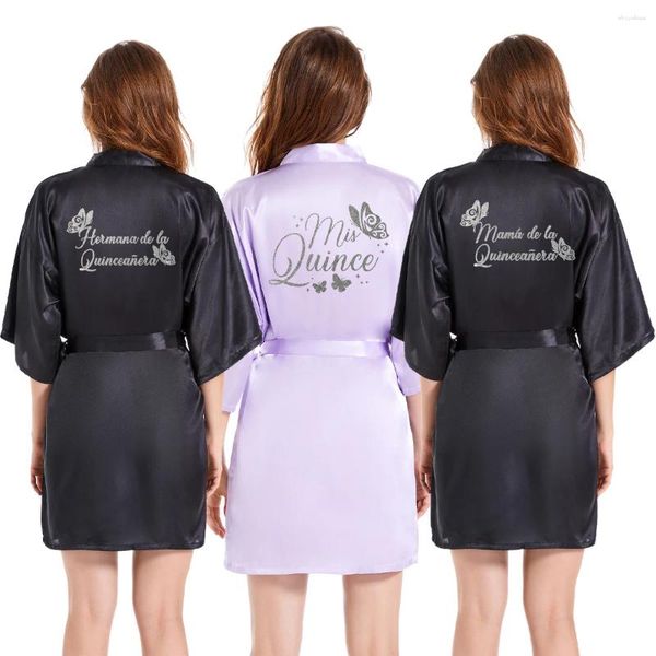 Mulheres sleepwear 1 pc mis quince robe mancha mulheres curto pruple preto glitter prata escrita mama hermana de la quinceanera quimono robes