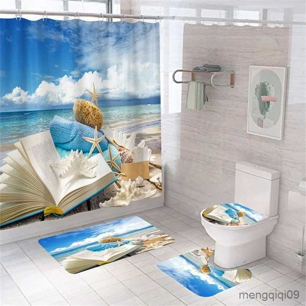 Занавески для душа с принтом в виде ракушки, занавески для душа Ocean Beach, новый набор ковриков для ванной, водонепроницаемая занавеска для ванной, противоскользящие ковры, R231101