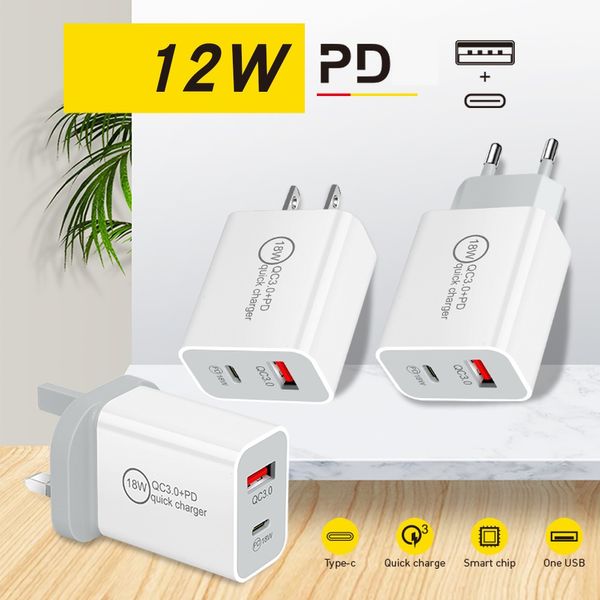 PD 12W USB C Зарядное устройство 5V 2A EU US Standard AC Home Dual Ports Adapters Type-C Adapters для iPhone 14 15 Samsung Android Phone