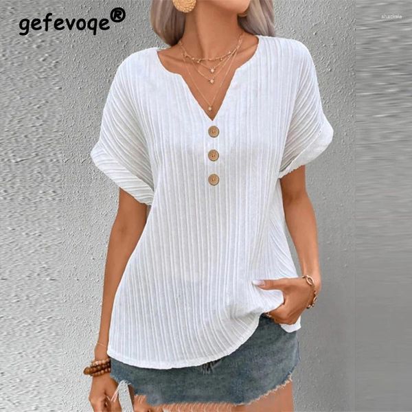 Camisetas femininas roupas 2023 verão moda plissado simples elegante branco feminino casual com decote em v manga curta botões soltos topos