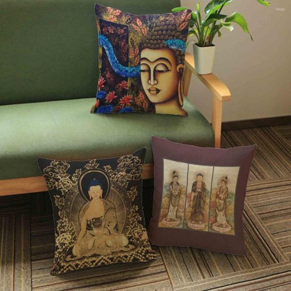 Cuscino Buddismo Cultura Copertina con stampa Thai Buddha Culto Custodia in lino Buddisti Cuscini decorativi per la casa 45x45 cm