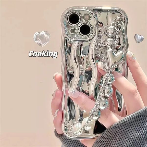 Custodia per telefono di lusso placcata argento 3D ondulazione dell'acqua per iPhone 15 14 13 12 11 Pro Max Custodie in silicone morbido antiurto Shell Cover