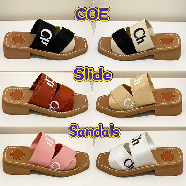 Sandalen Damen Designer Slides Woody Heeled Flat Mule Slide Sandale Leinen beige weiß schwarz Logo gestickt burgund Strandpantoffeln Mode Sommer Damen Pantoffel