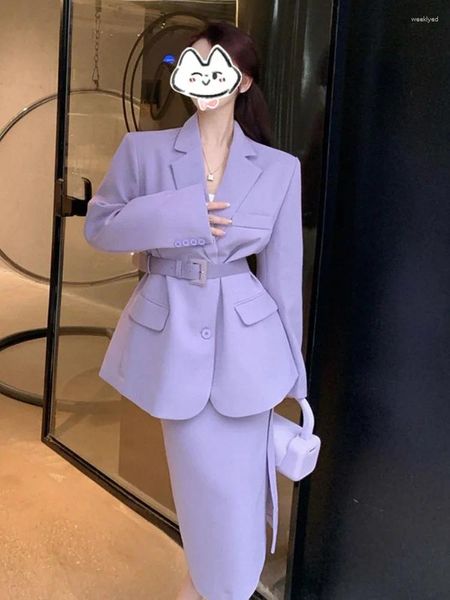 Vestido de duas peças elegante conjunto de blazer feminino primavera outono retro roxo blazers conjunto moda coreana magro ajuste saia ternos feminino