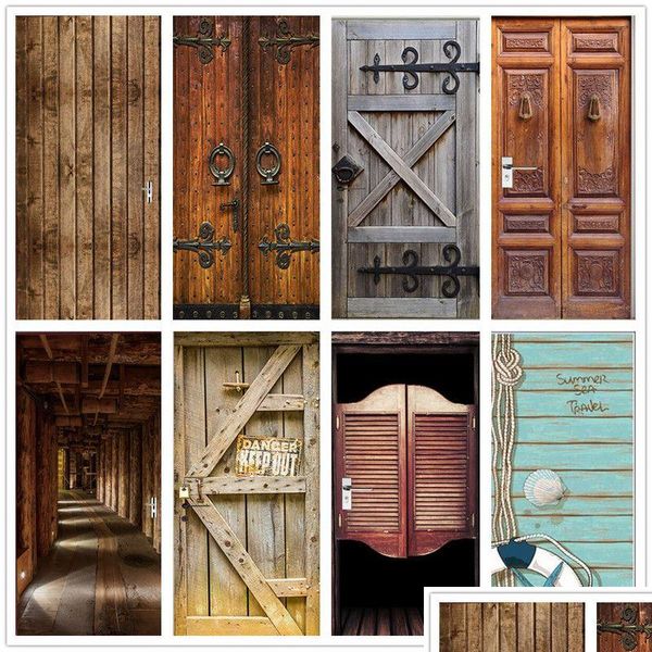 Adesivos de parede retro porta de madeira adesivos auto adesivo pvc 3d papel de parede para sala de estar quarto decoração casa mural poster decalques dhbtr