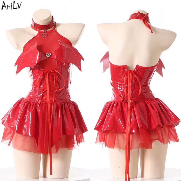 Ani halloween carnaval noite vampiro demônio uniforme de couro vermelho trajes feminino asas de morcego vestido roupa cosplay cosplay