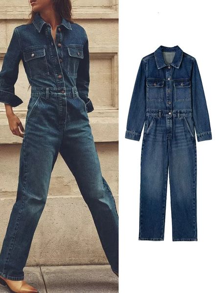 Frauen Zweiteilige Hosen TRAF 2023 Frauen Langarm Feste Denim Overall Boyfriend-Stil Herbst Cargo Casual Streetwear Taschen Jean 231031