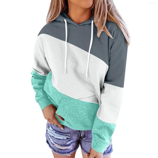 Hoodies femininos snap down moletom feminino retalhos impresso moletom com capuz pulôver casual longo funil