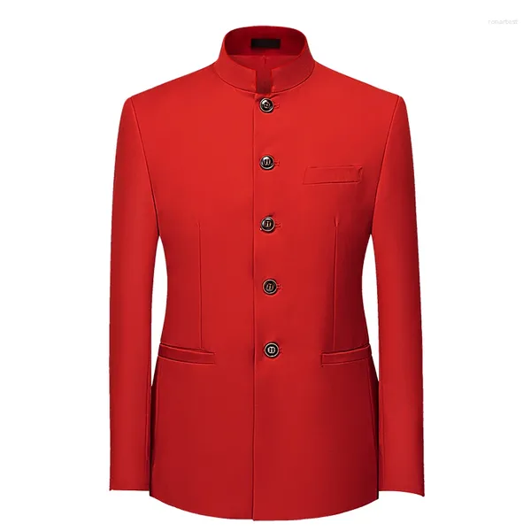 Herrenanzüge im chinesischen Stil, Stehkragen, formeller Anzug, Herrenjacke, Business, Hochzeit, Party, Kleid, Blazer, Schwarz/Rot, Slim-Fit-Oberteile für Herren