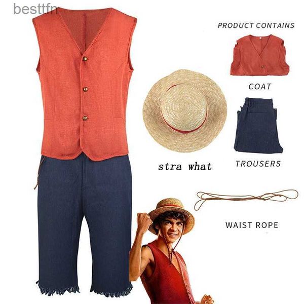 Trajes de anime Luffy Cosplay Anime Filme Monkey D Luffy Venha Uniforme Str Hat Calças Top Vermelho Conjunto Completo Festa de Carnaval de Halloween para Homens MulheresL231101