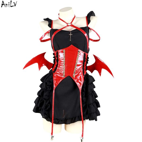 Ani halloween menina asas do diabo vestido preto lolita unifrom feminino ees roupas mágicas trajes cosplay