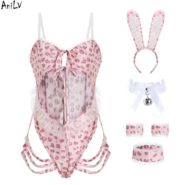 Ani selvagem menina rosa pequeno leopardo trajes de banho de uma peça feminino bonito doce coelho bodysuit roupa interior uniforme cosplay cosplay