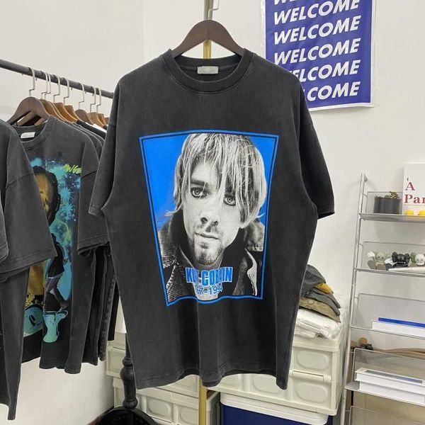 Sis Cobain Kurt Rock Band Karakter Baskı Vintage Gevşek Yıkanmış Eski Kısa Kollu Tişört Moda