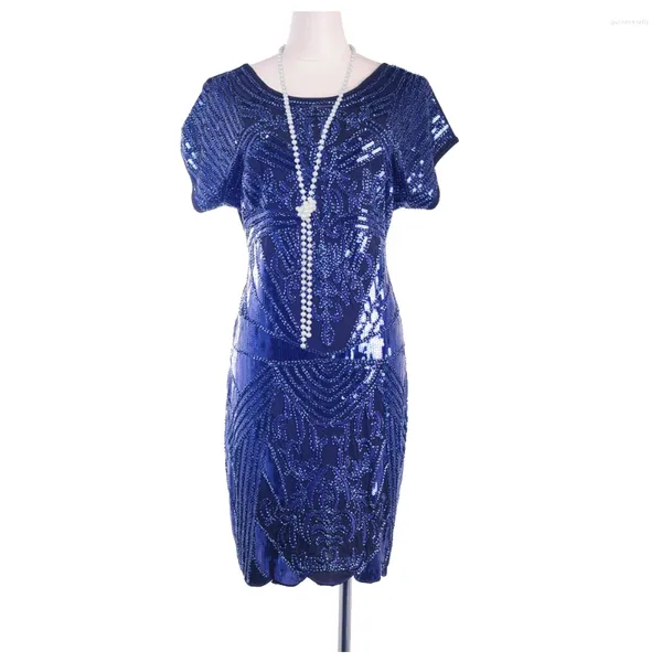 Abiti casual Donna Blu Art Déco Anni '20 Grande Gatsby Abito stile flapper Anni '20 O-Collo Perline Coda di gallo Festa Manica corta Sera Danza