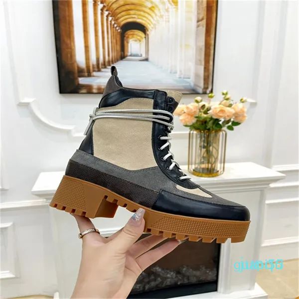 Designer feminino plataforma deserto bota camurça couro monogramas lona bege cinza escuro inverno sapatos casuais topo de luxo moda senhoras