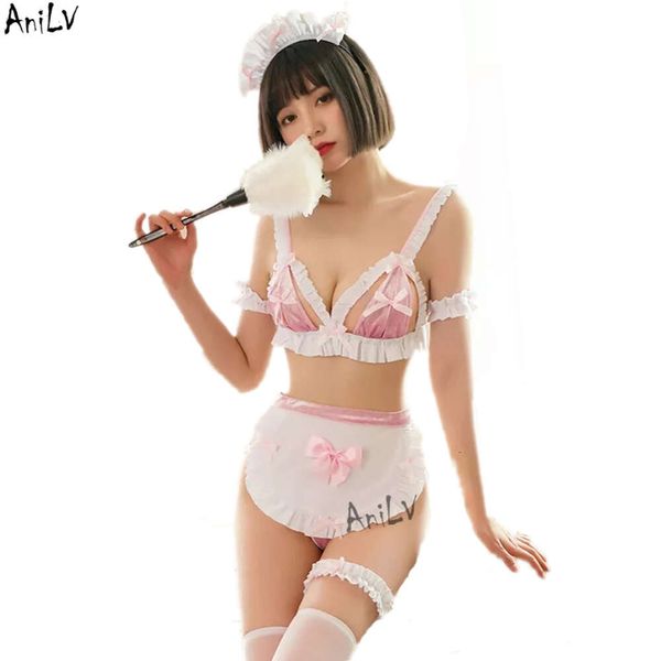 Ani kawaii tatlı kız pembe hizmetçi üniforma kostümleri cosplay temizlikçi kadınlar seksi fırfır erotik pamas iç çamaşırı kıyafet seti cosplay