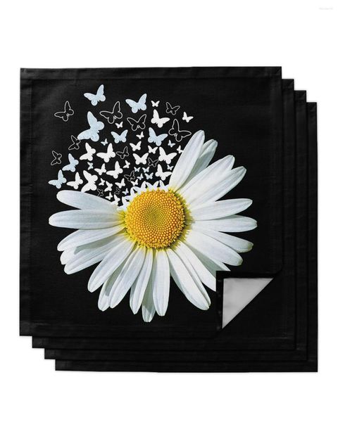 Tischservietten, 4 Stück, weiß, Gänseblümchen, Schmetterling, schwarz, quadratisch, 50 cm, Party, Hochzeit, Dekoration, Stoff, Küche, Abendessen, Servierservietten