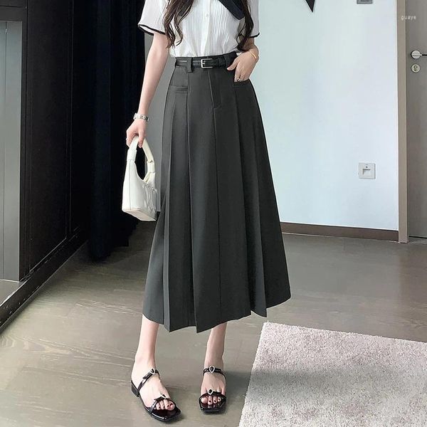 Röcke 2023 Autunn Casual Anzug Koreanische Frauen Mode Hohe Taille A-linie Plissee Rock Damen Elegante Grau Lange
