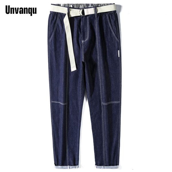 Herrenjeans UNVANQU Line Sense Belt Personalisierter Trend Herbst Koreanischer Stil Mann Arbeitskleidung Jeans Blau Geerntete Lässige Lose Anziehhose 231101