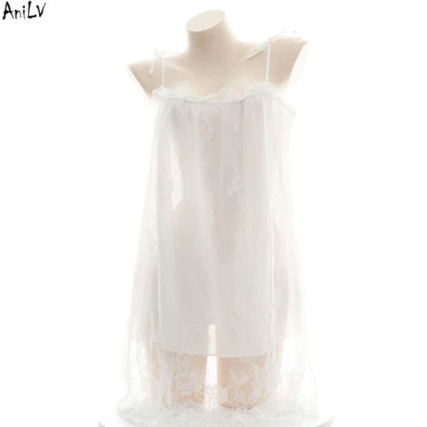 Ani Wome Weiße Spitze U-Ausschnitt Nachthemd Kostüm Prinzessin Mädchen Spaghettiträger Kleid Nachtwäsche Uniform Kleidung Große Größe Cosplay