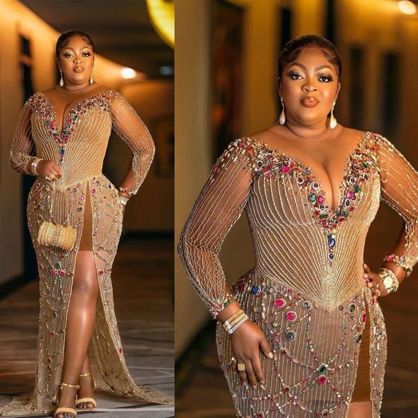 Abiti da ballo Aso Ebi taglie forti Maniche lunghe dorate Spacco laterale Tulle con perline Colorato Hinestone Africano Nigeria Glitter Abito da sera sexy Abiti di seconda accoglienza