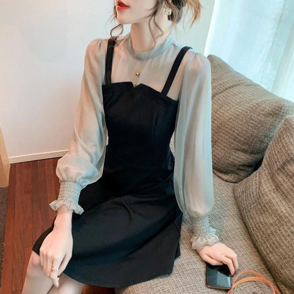 Abiti Casual 2023 Autunno Inverno Office Lady Dress Donna Coreano Elegante Party Vestido Nero Patchwork Mesh Sexy Club Mini