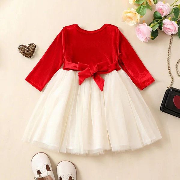 Vestidos da menina 1-7y bebê meninas doce vestido de princesa primavera outono roupas casuais manga longa veludo tule retalhos crianças