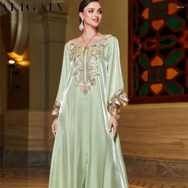 Abbigliamento etnico Aligaia Abito caftano a maniche lunghe per le donne Dubai Marocchino Chic Nastro di pizzo monocromatico Elegante Casual Abayah 2023 Moda