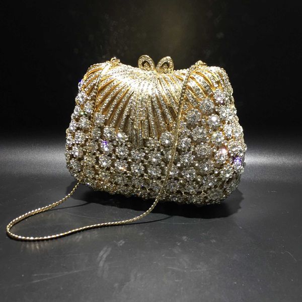 Top Women Gold Color Flower Rhinestones Bolsas de embreagem Cristal Night Pedras