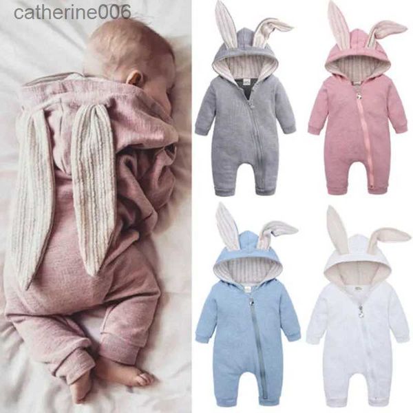 Tute Pudcoco Spedizione veloce 0-24M Bambino Neonate Ragazze Orecchie di coniglio Pagliaccetto Manica lunga 4 Colori Solido Tuta con cappuccio Autunno VestitiL231101