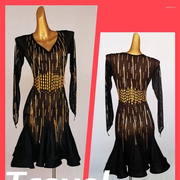 Sahne Giyim Yüksek kaliteli siyah Latin Yarışma Elbisesi Rumba Cha Salsa Tango Altın Rhinestone Dance S-XXXL LQ233