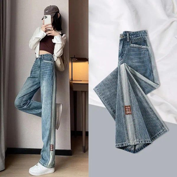 Jeans femininos cintura alta perna larga primavera usar calças retas relaxado magro gota contraste cor piso torres calças