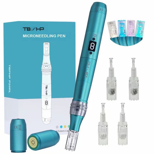 P20RL Беспроводная 4 цвета LED Derma Microneedle Pen с 25 иглами для картриджей 3 шт. Наконечники для батарей с 8 скоростями Microneedling