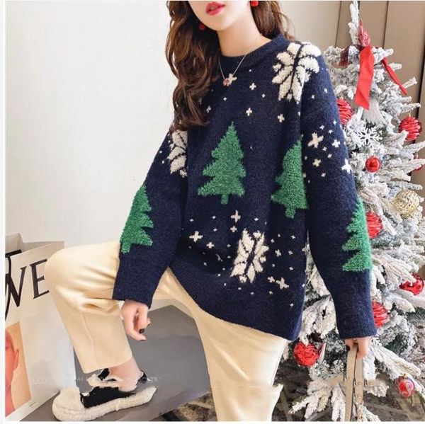 Maglioni da donna invernali Designer abbinato Moda donna Semplice addensato Rosso stile alberi di Natale pullover caldo maglione blu Pullover da donna abbigliamento pigro