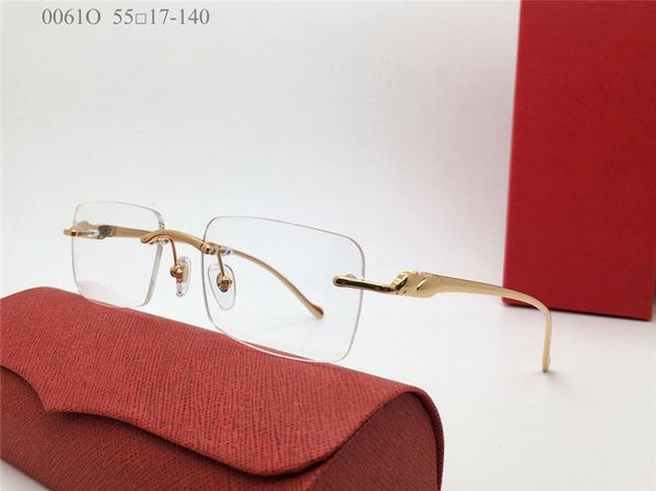 Occhiali ottici quadrati dal nuovo design della moda 0061 montatura in metallo senza montatura aste per animali facili da indossare occhiali da uomo e da donna occhiali da vista stile semplice con lenti trasparenti