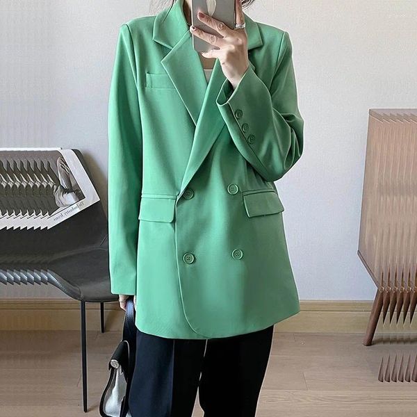 Ternos femininos primavera outono feminino terno jaqueta solta casual gola entalhada duplo breasted manga longa verde preto damasco feminino blazers