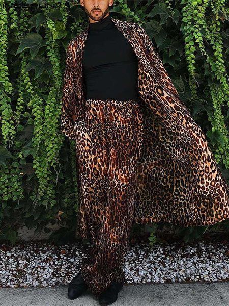 Мужские спортивные костюмы Incerun Fashion Men Set Set Leopard Print Loose Long Elive Open Stitch Cardigan Pants 2pcs Streetwear 2023 Men Casual Suits 5xl W0322