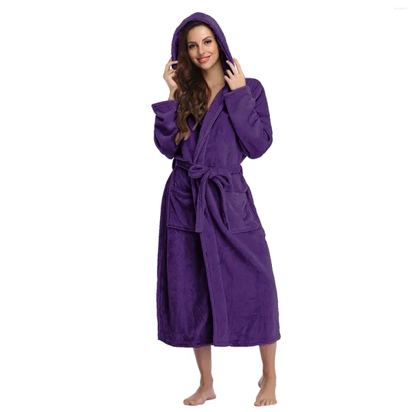 Mulheres sleepwear outono sólido com capuz robe roupão mulheres inverno quente pelúcia leve macio camisola vestes feminino casual casa vestir