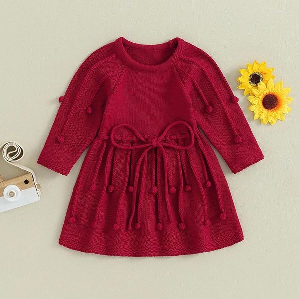 Vestidos de menina 1-6 anos crianças meninas vestido suéter vermelho bebê outono inverno roupas cor sólida malha manga longa princesa para o natal