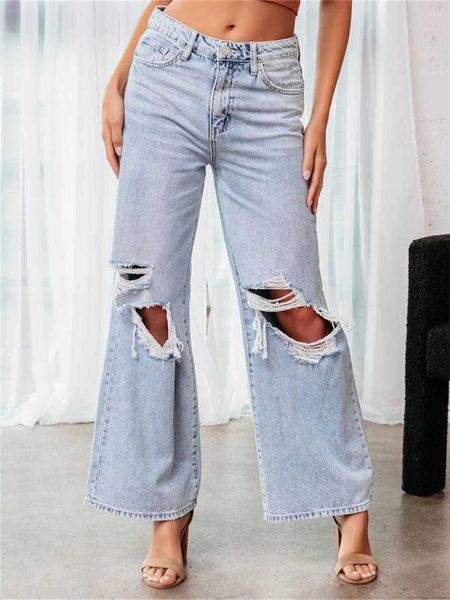 Damen-Jeans, Loch-Riss, weites Bein, Baggy-Boyfriend-Hose, für Damen, Do Old Vintage, Mom, lässige Denim-Hose