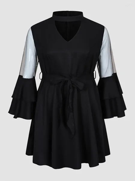Plus size vestidos finjani vestido feminino casual preto malha recorte manga elegante 2023 outono inverno