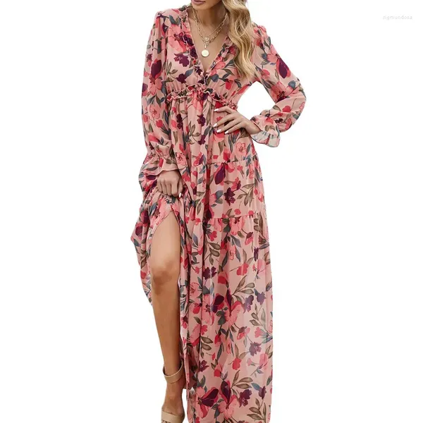 Casual Kleider Frauen Boho Langes Kleid Frühling Herbst Kleidung Ärmel V-ausschnitt Rüschen Blumen Drucken Lose Swing Streetwear