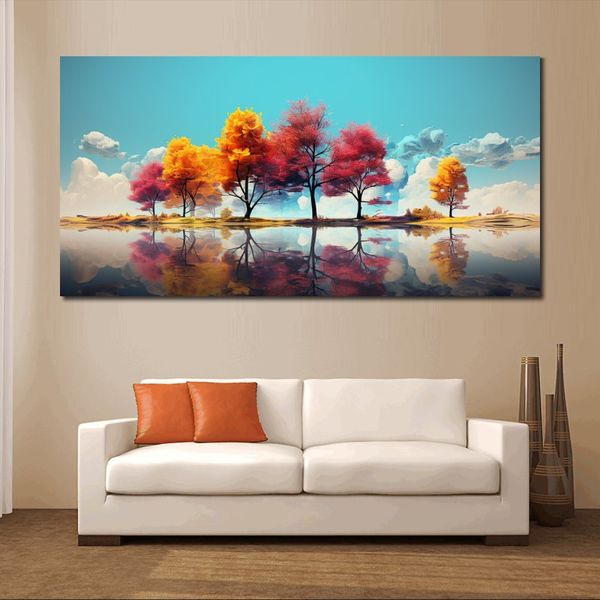Poster de lona foto imagem impressão árvores coloridas emolduradas pintura moderna para sala de estar decoração de parede