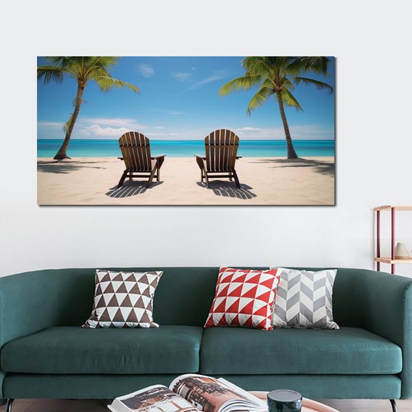 Tela Poster Foto Stampa Immagine Mare Spiaggia Sabbia Palme Sedie Dipinto incorniciato per la decorazione della parete del soggiorno