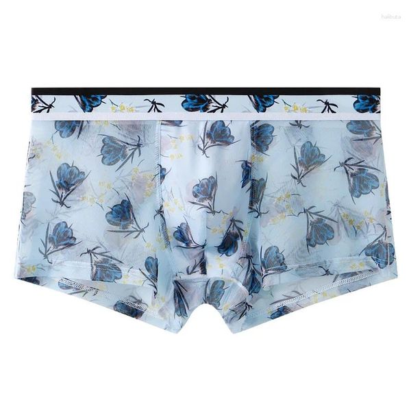 Underpants ultra fino boxer homens deslizamento impresso gelo seda homens roupa interior malha transparente sexy baixa ascensão shorts verão juventude calcinha