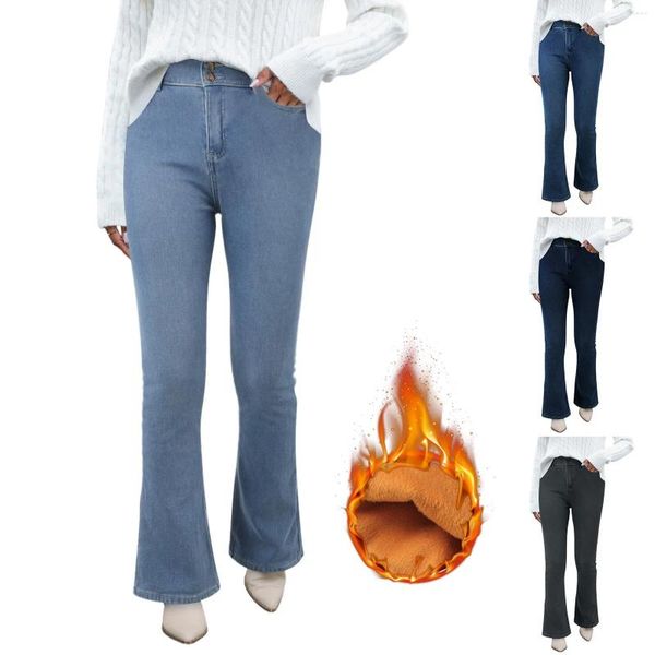 Jeans da donna a vita alta con taglio a stivaletto elastico foderato spazzolato aderente pantaloni a matita in denim sottile svasati abbigliamento invernale termico