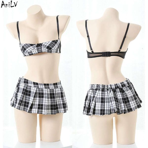 Ani Ragazza studentessa giapponese Bikini scozzese grigio Ruolo Pamas Costume uniforme Donna Cameriera Indumenti da notte Lingerie Cosplay Gonna a pieghe cosplay