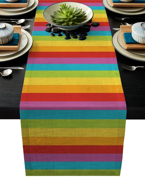 Tischläufer, Leinen, Sackleinen, Tischläufer, Matte, geometrische Regenbogenstreifen, Küche, Tischset, Untersetzer für Abendessen, Zuhause, Party, Hochzeit, Dekoration 231101